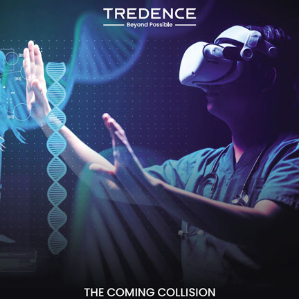 Man with VR headset reaching toward DNA strands
