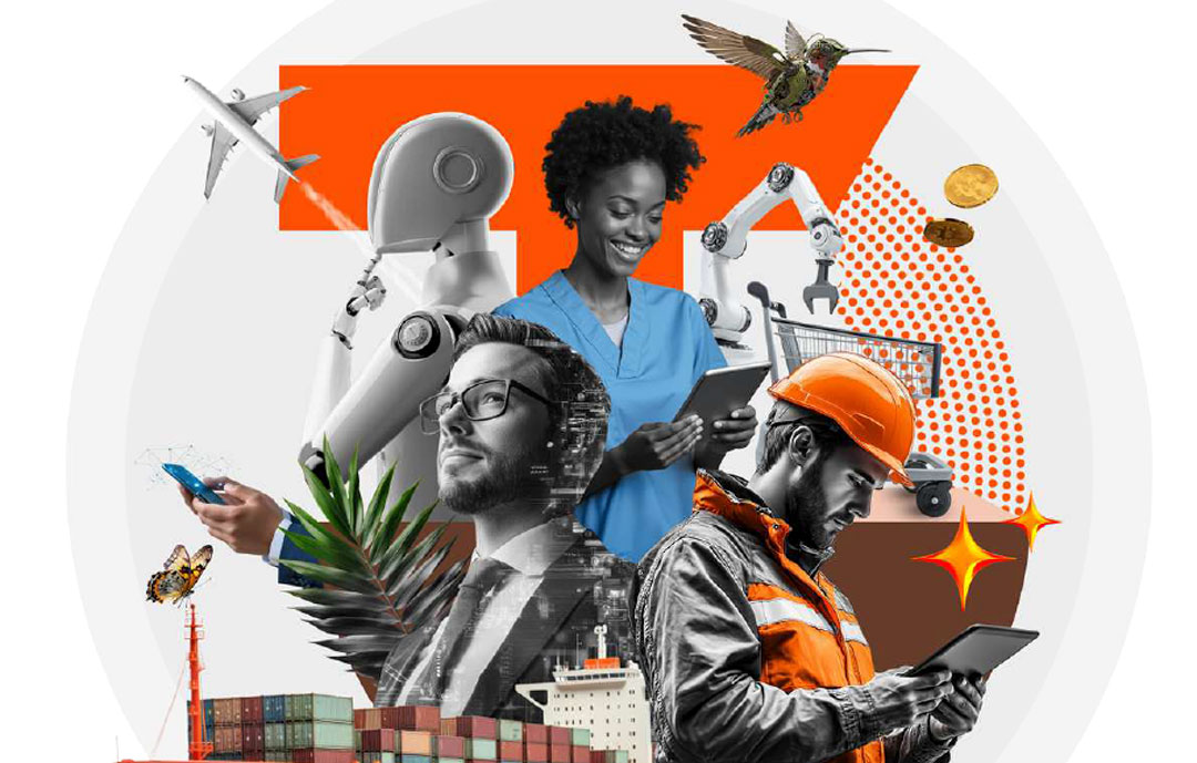 Collage of workers using technology